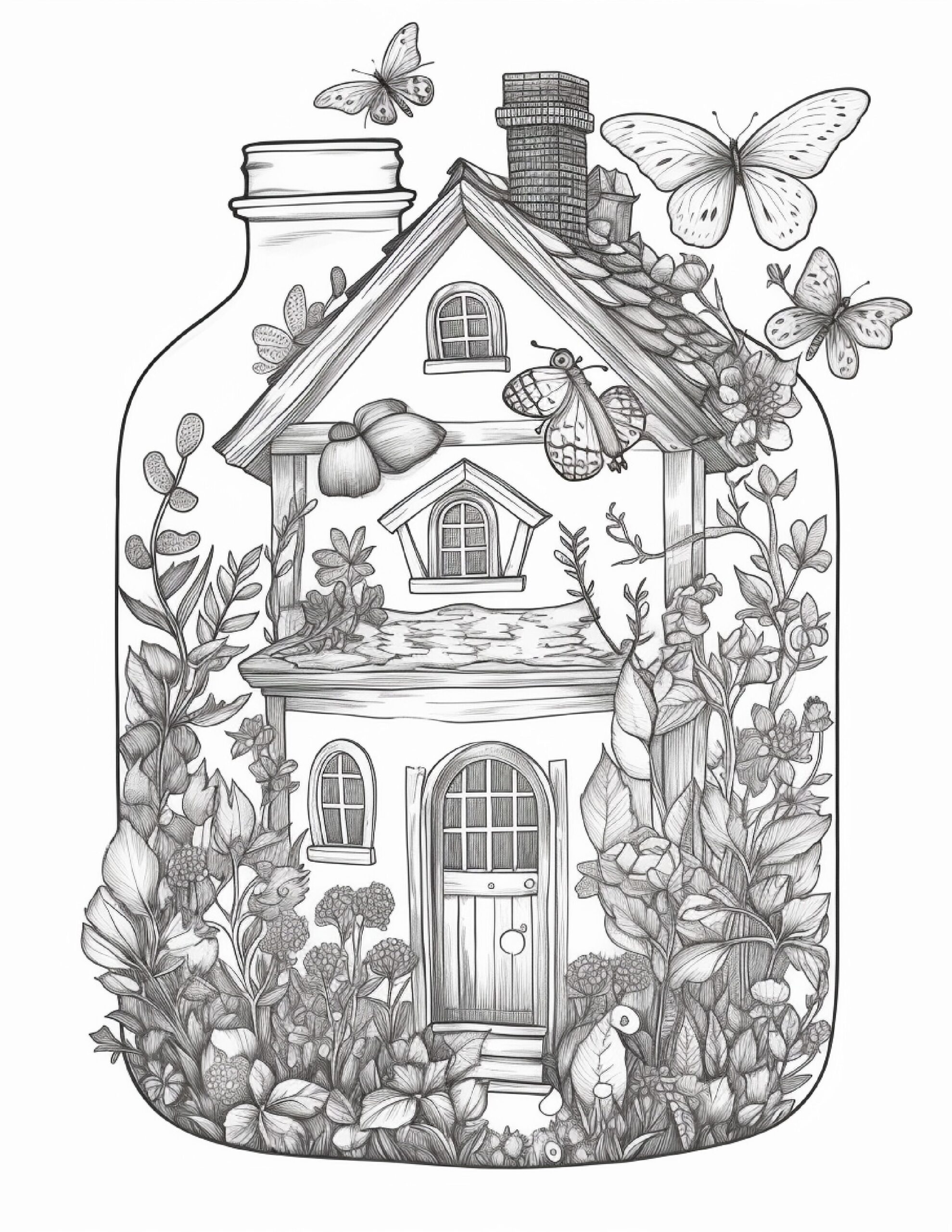 50 Printable Fairy Houses In Jar Coloring Pages For Adults Grayscale 