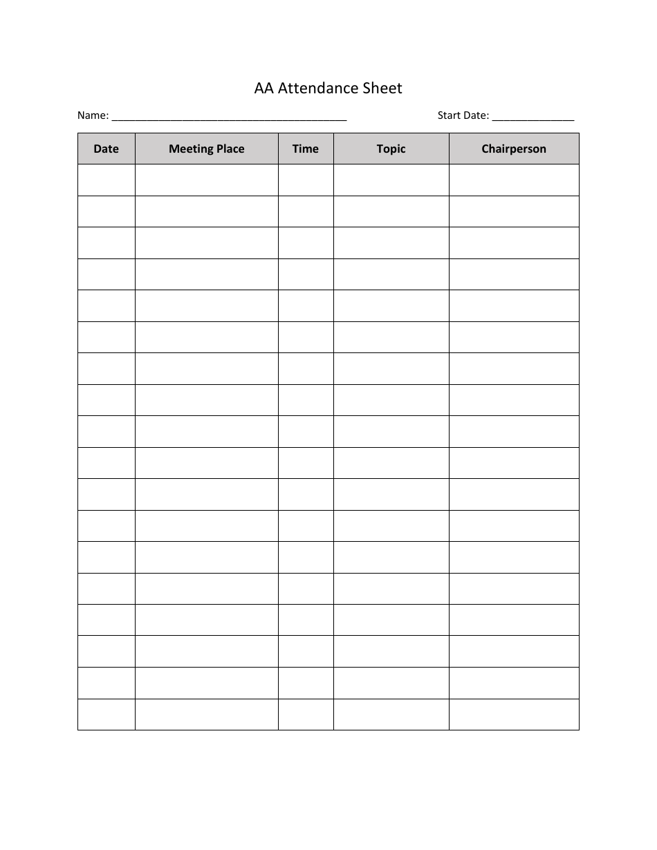 Aa Attendance Sheet Printable Printable Calendar