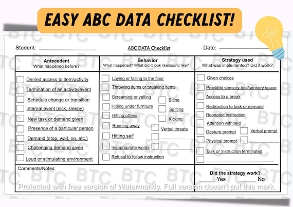 ABC Checklist For Behavior Assessment Behavior Specialist BCBA 