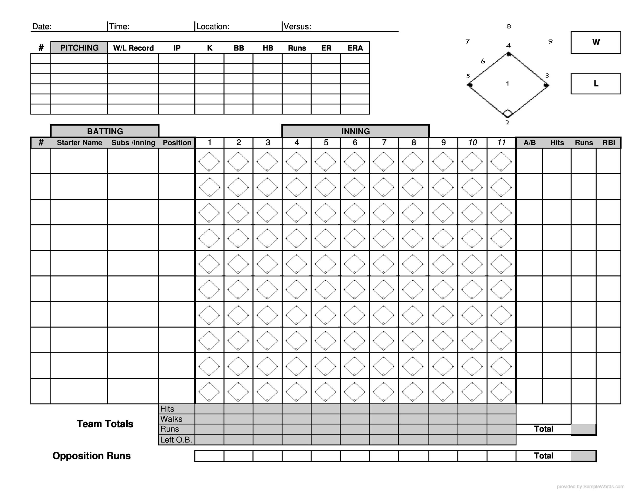 Baseball Printable Score Sheet