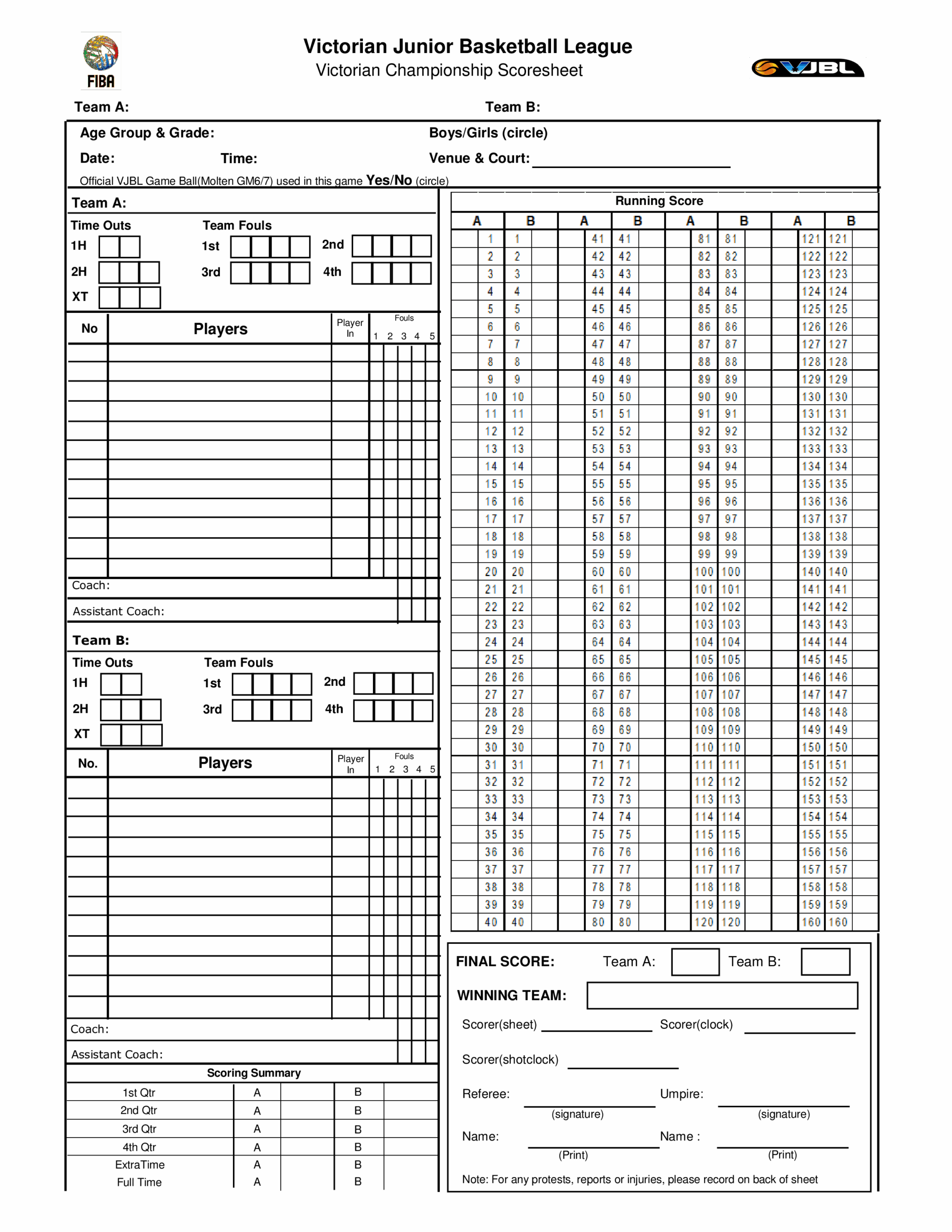 Basketball Scoring Sheet Printable
