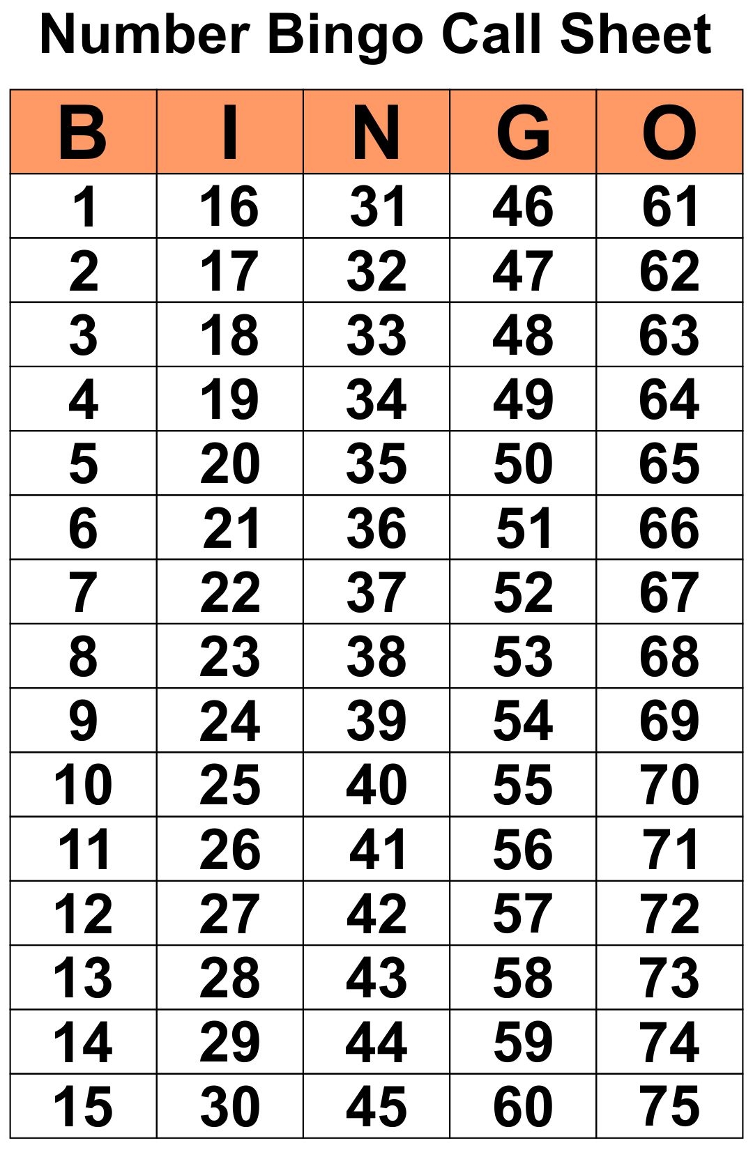Bingo Calling Sheet Printable