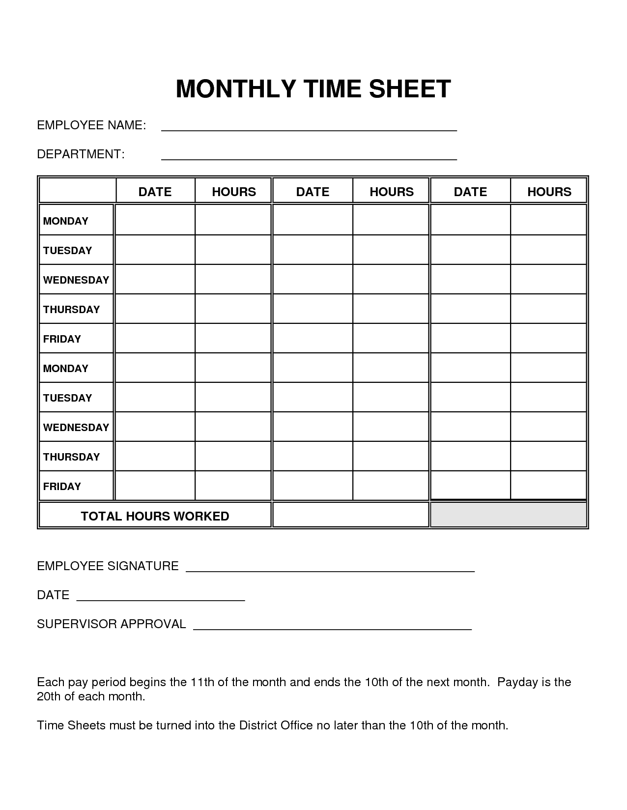 Blank Monthly Time Sheet Free Printable