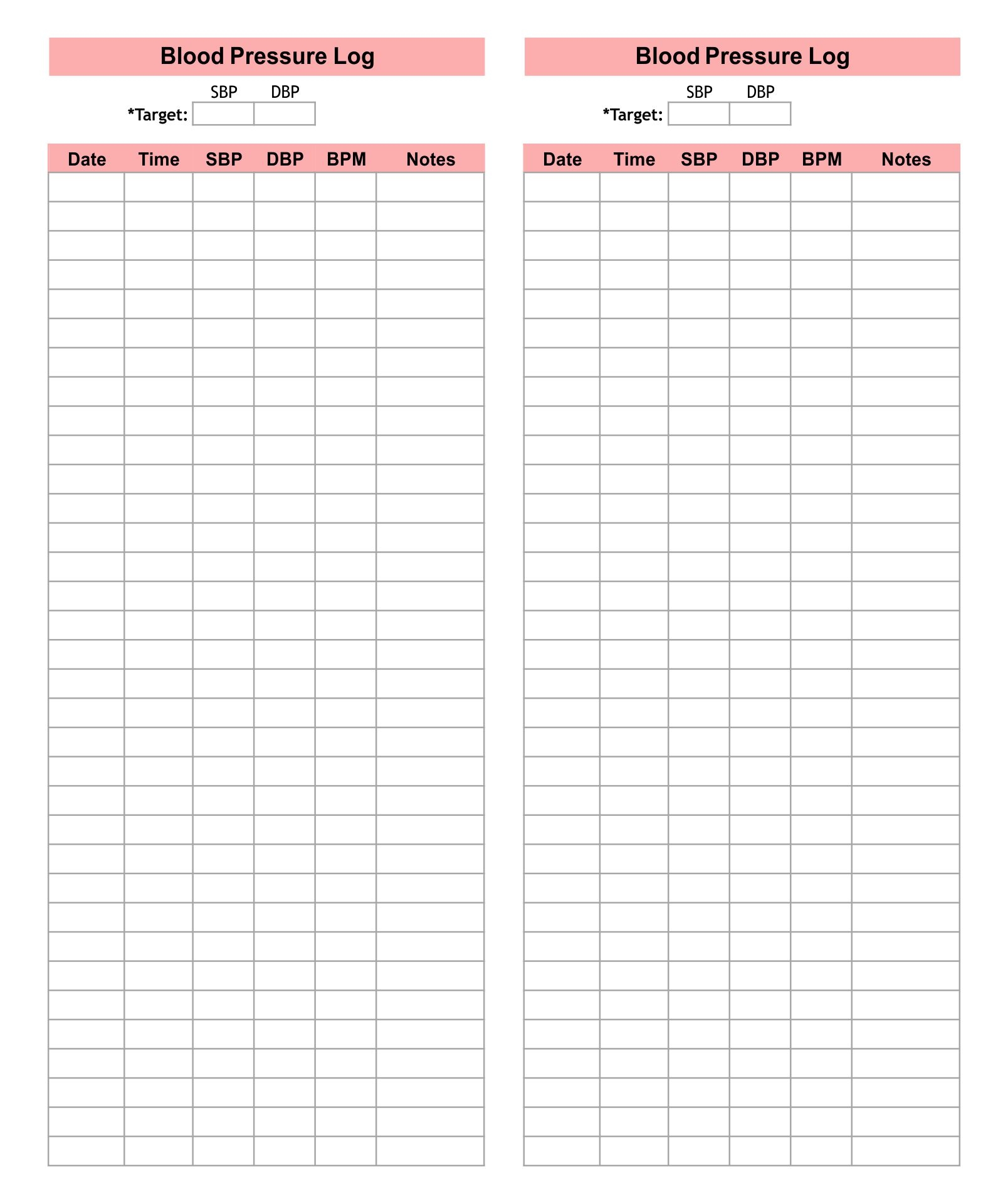 Blood Pressure Log Sheet Printable Printable Words Worksheets