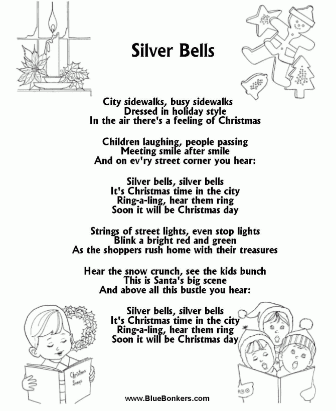 BlueBonkers Silver Bells Free Printable Christmas Carol Lyrics Sheets 