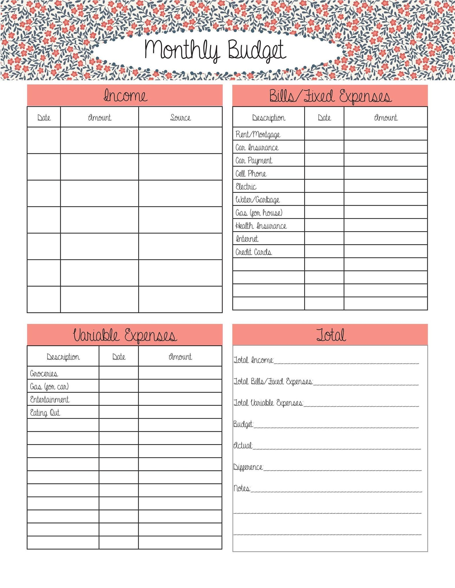 Budget Printable Printable Monthly Budget Monthly Budget Download 