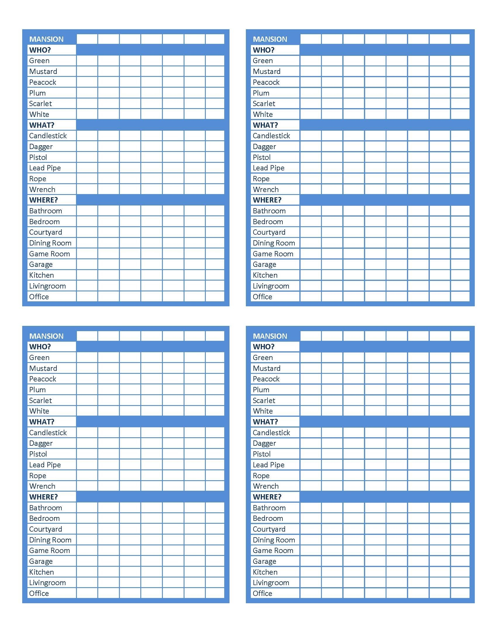Clue Printable Sheets Handy Printable Materials