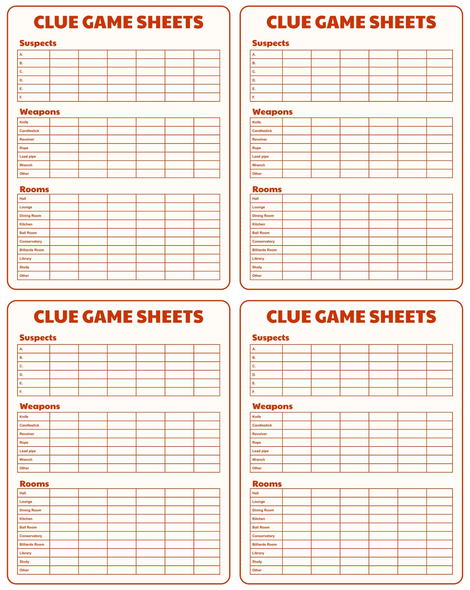 Clue Printable Sheets