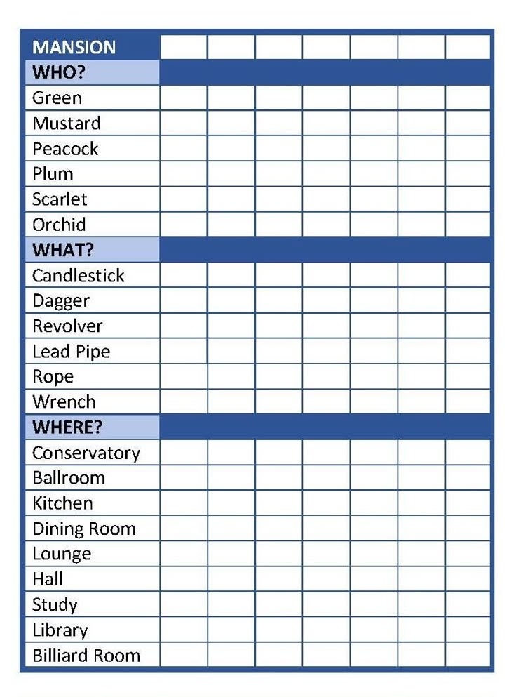 Cluedo Score Sheets Printable Printable Word Searches