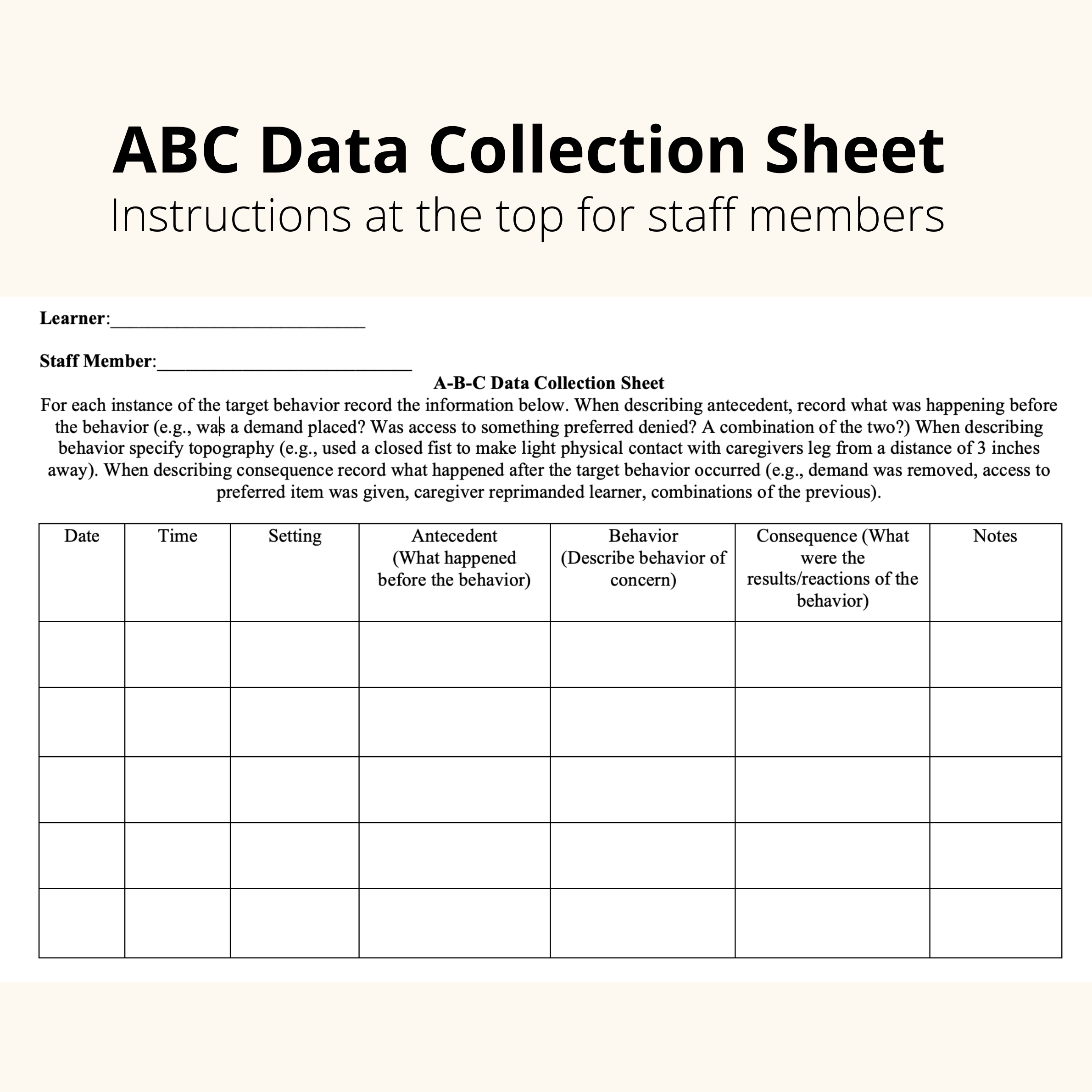 Collecting ABC Data A Freebie In Step 2 Of Meaningful Behavioral 