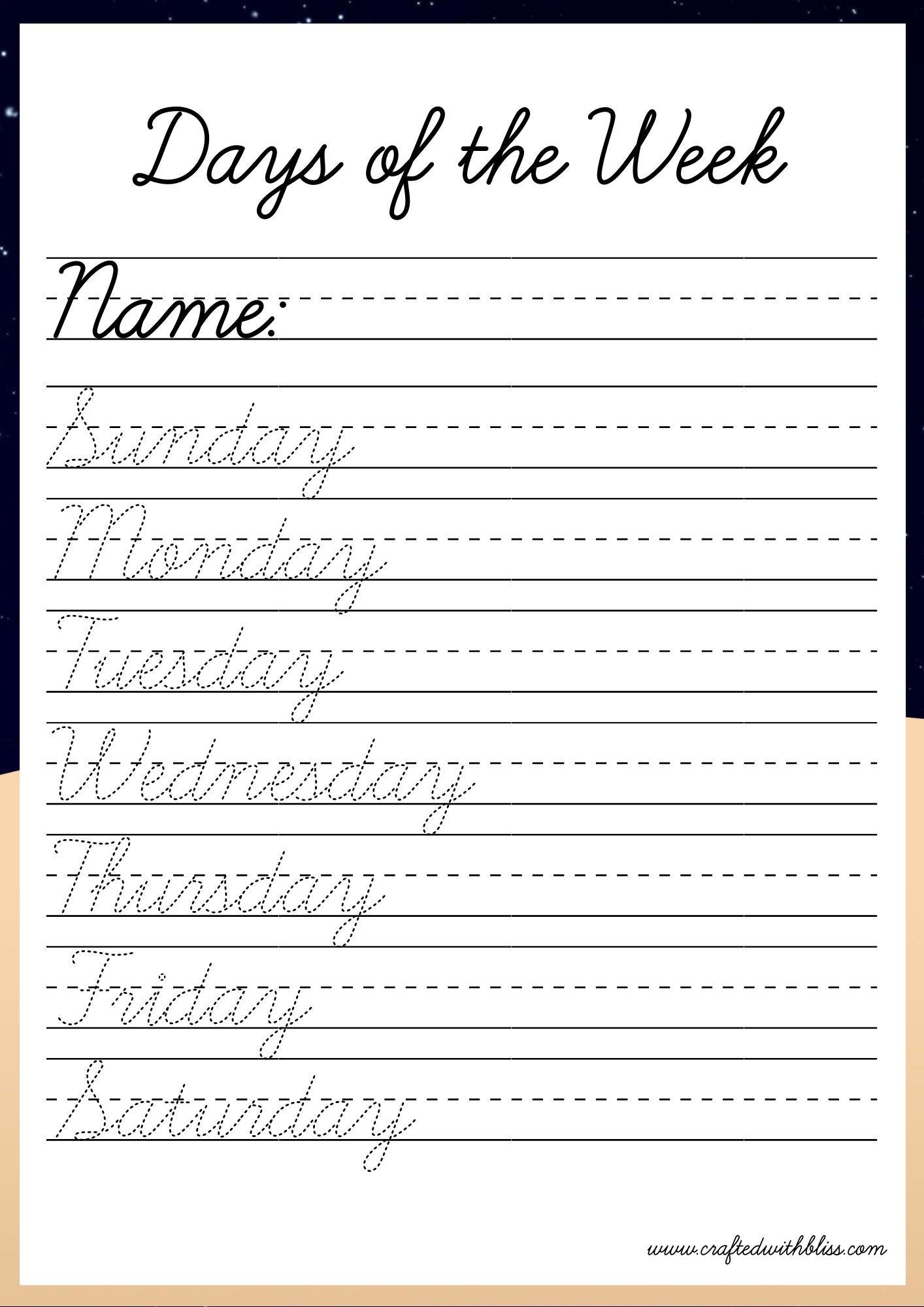 Cursive Tracing Worksheet Alphabet Cursive Printable Days Of The Week 