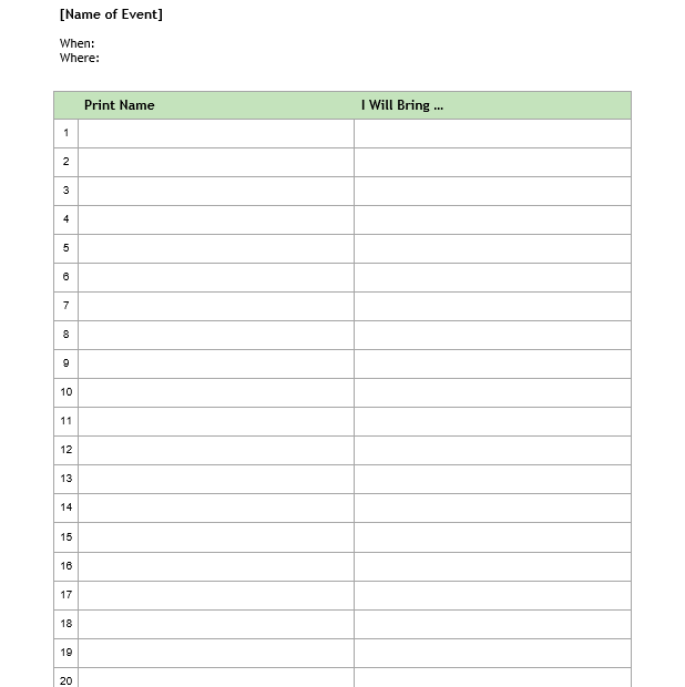 Download The Potluck Sign Up Sheet Template Sign Up Sheets Templates