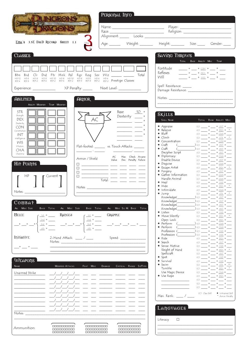 Dungeons And Dragons Printable Character Sheet
