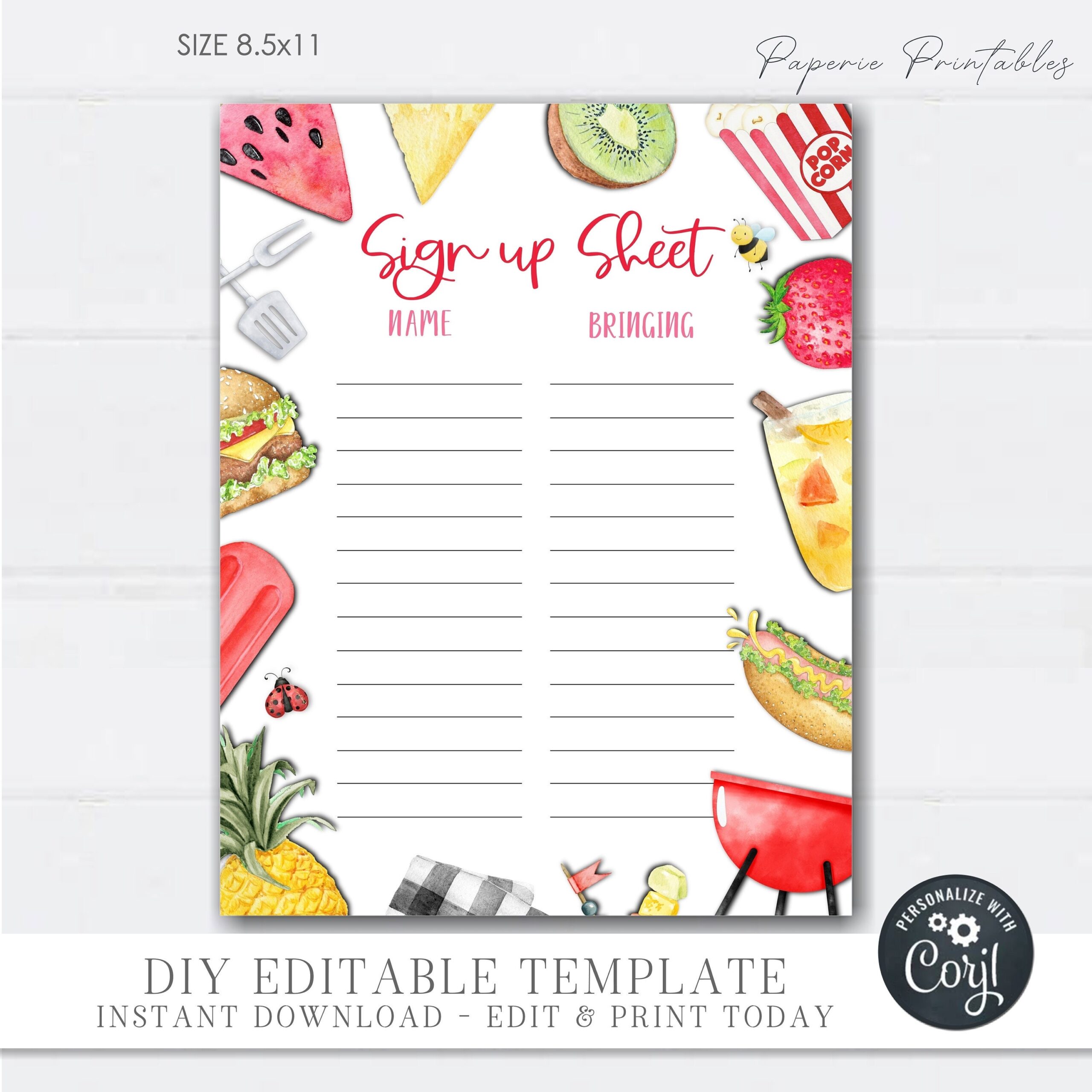 Editable Printable Potluck Sign Up Sheet