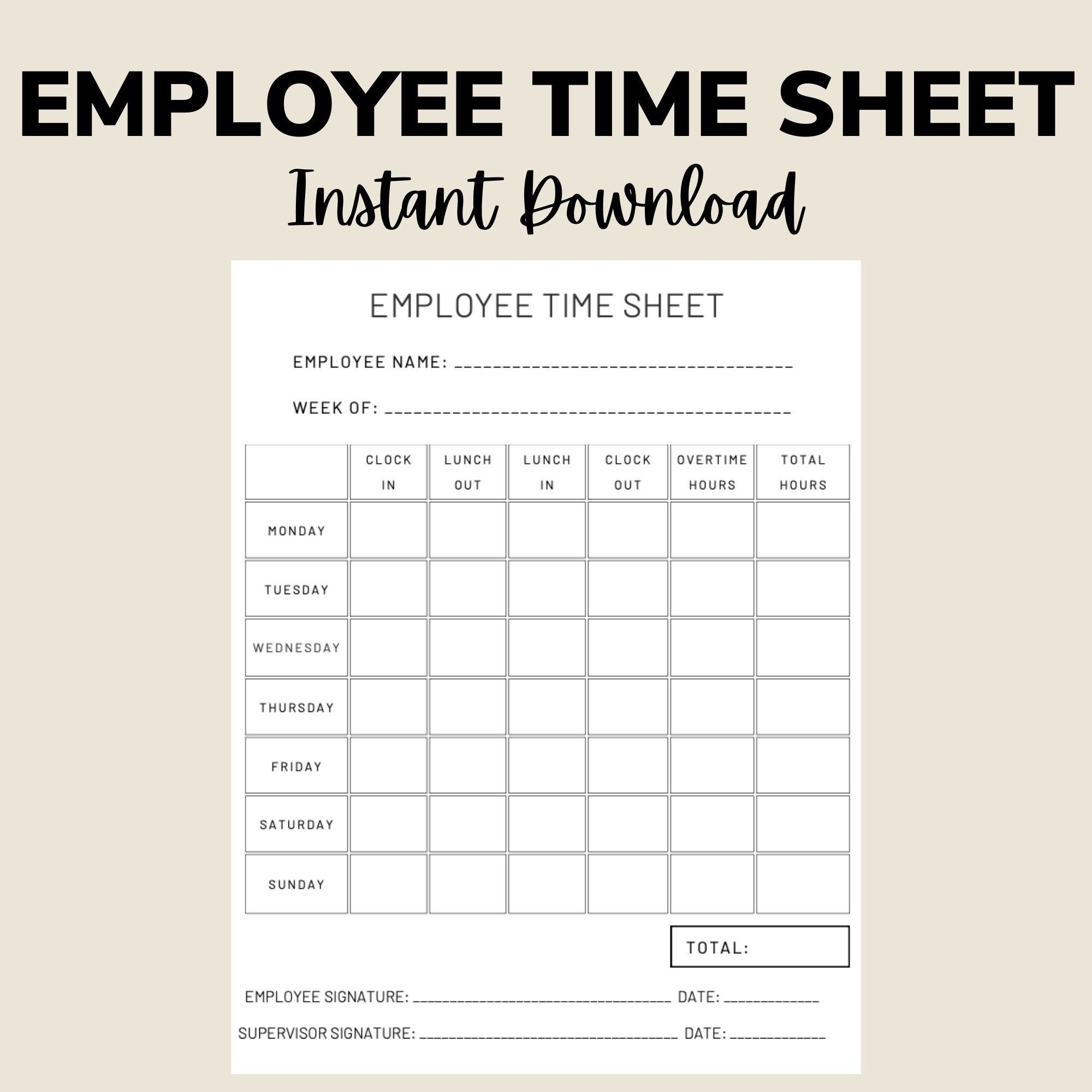 Employee Time Sheet Printable Digital Template Printable Time Card 
