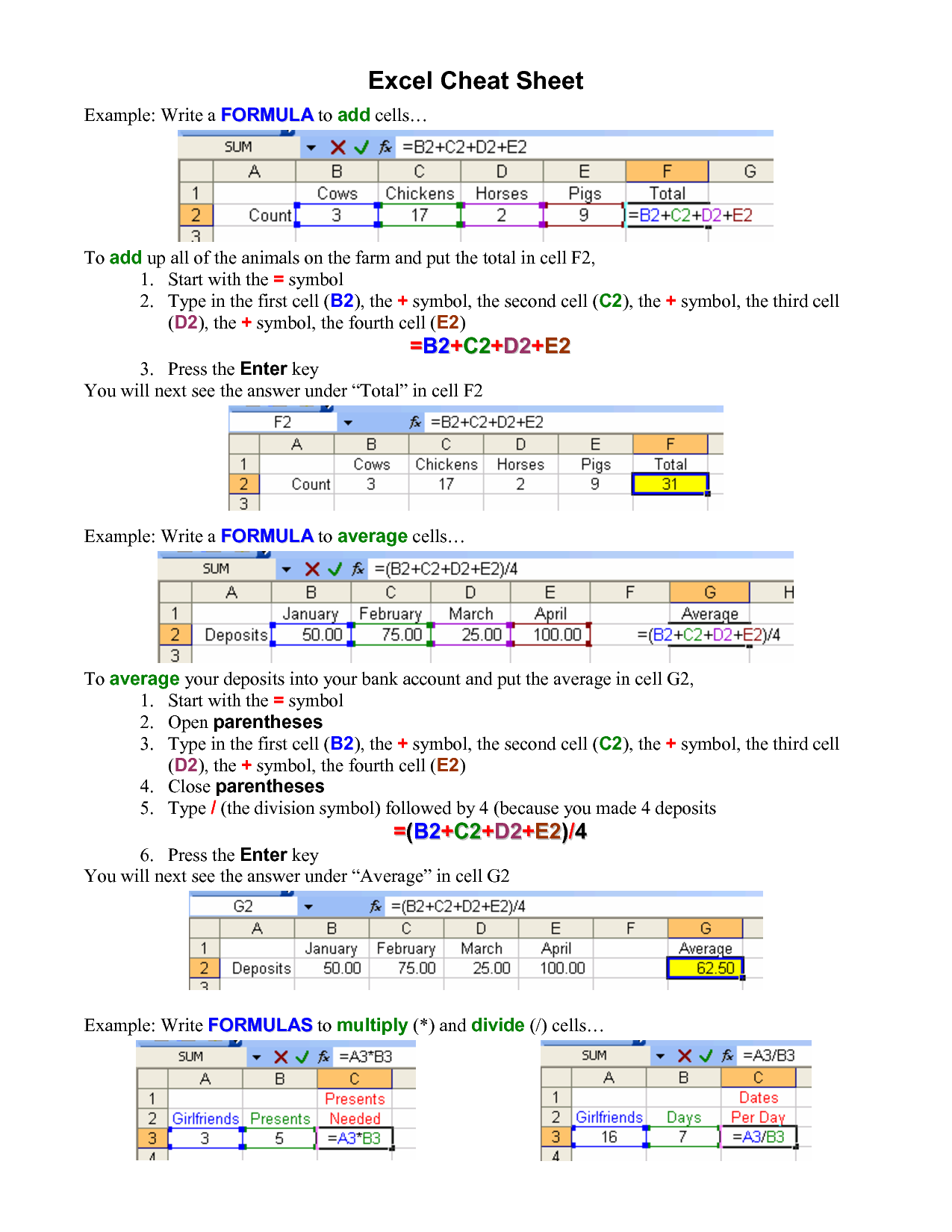 Excel Formula Cheat Sheet Printable Pdf
