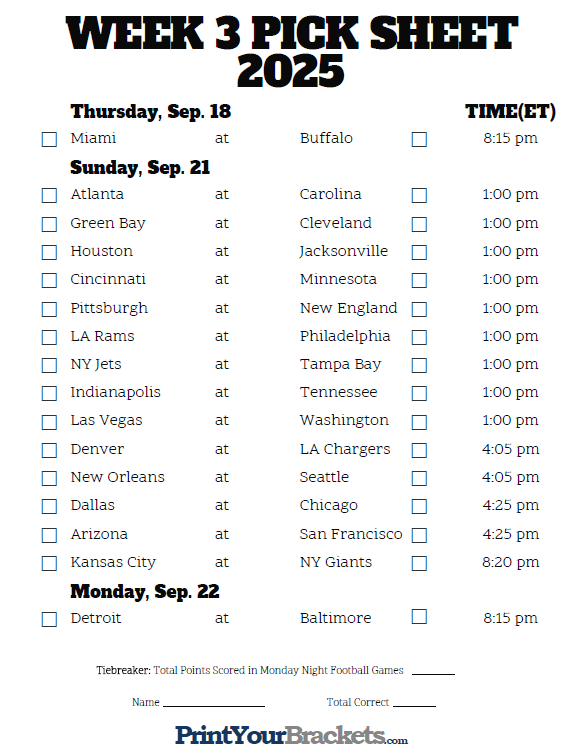 Football Pick Em Pool Weekly Printable Sheet