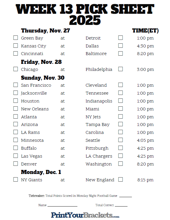 Football Pick Em Pool Weekly Printable Sheet
