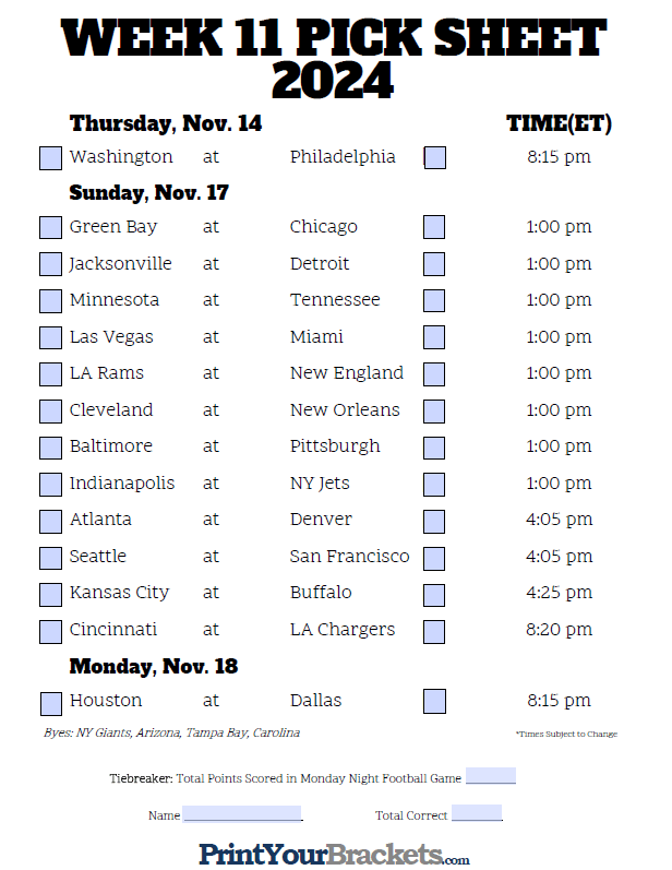 Football Pick Em Pool Weekly Printable Sheet