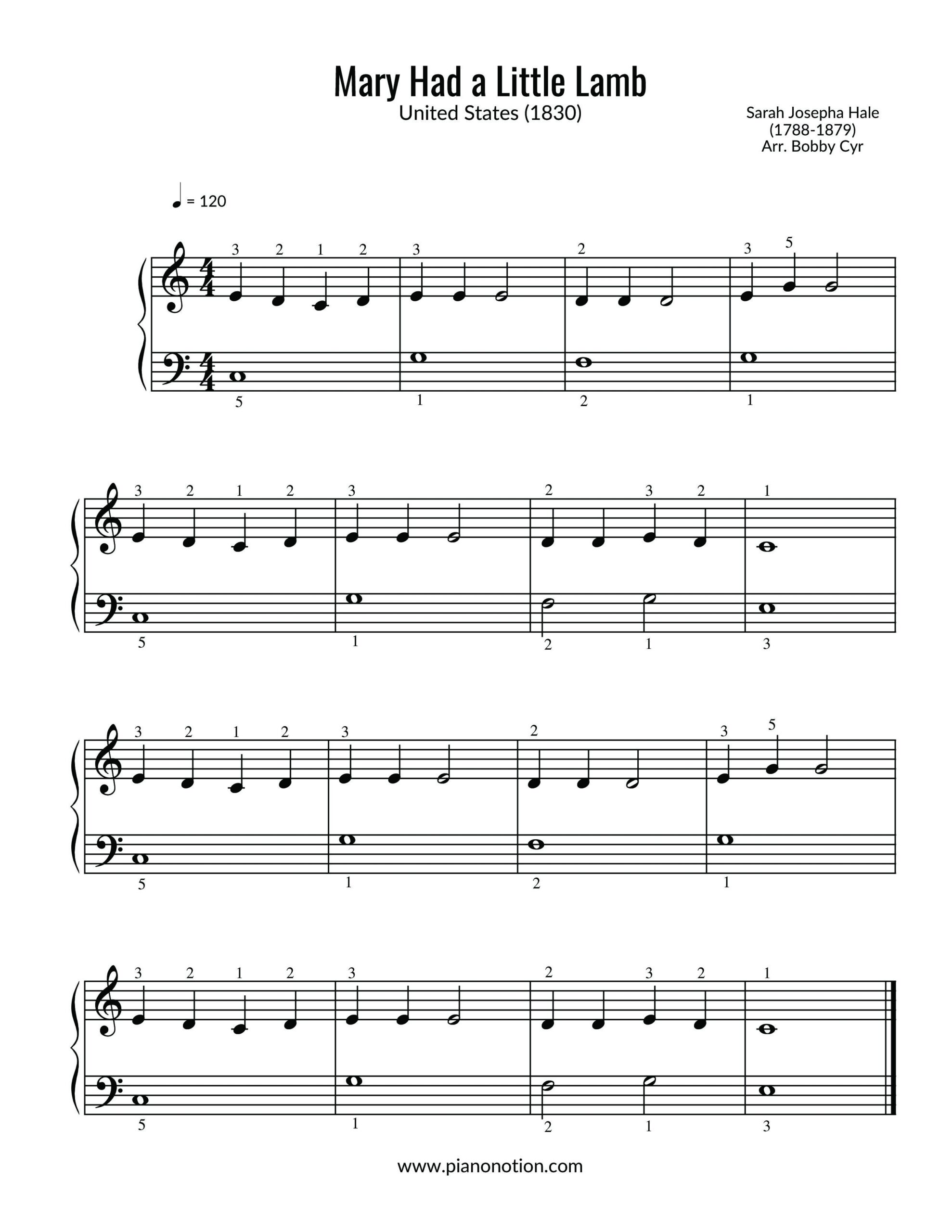 Free Piano Sheet Music Mary Had A Little Lamb Nursery Rhymes Piano 