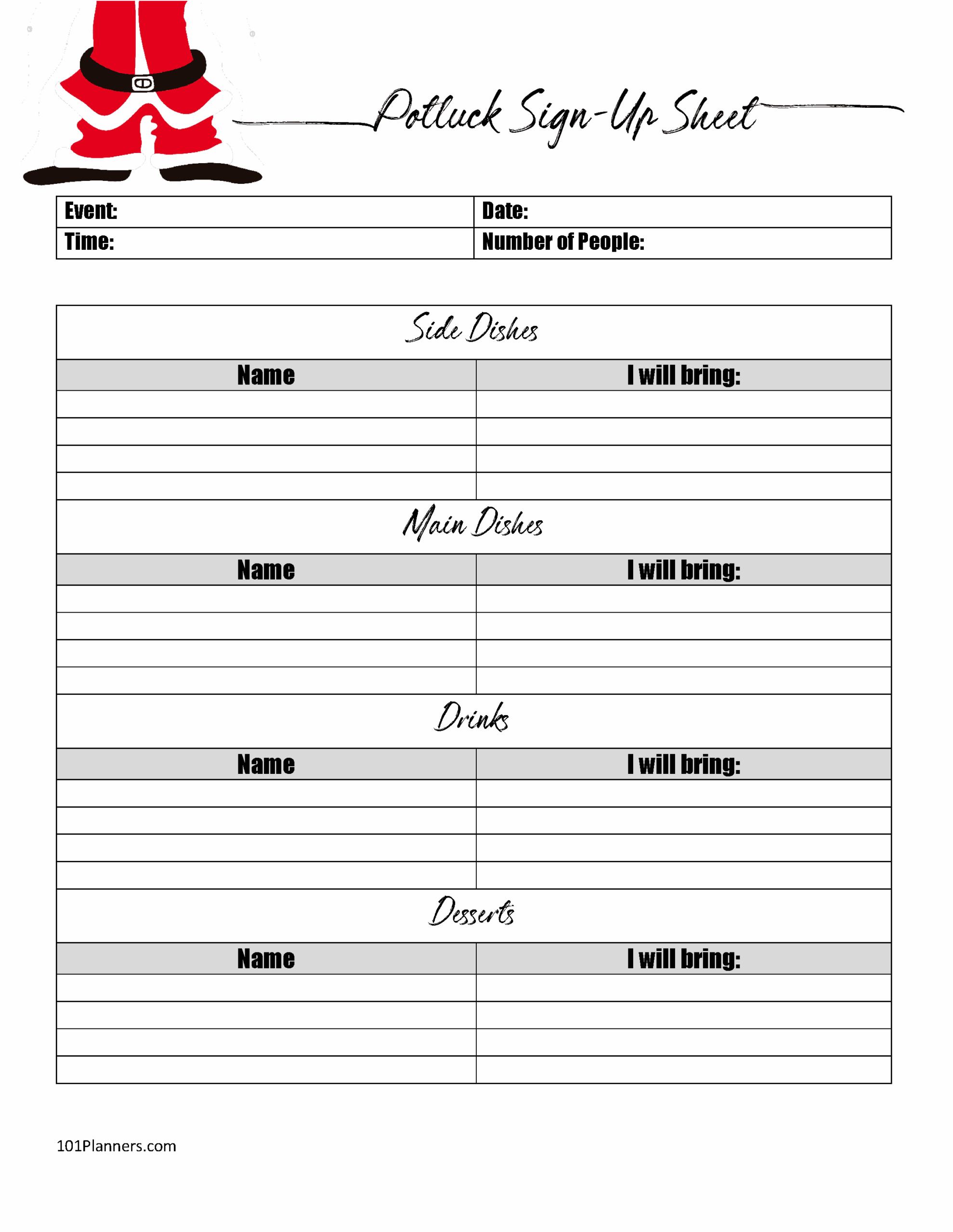 Free Potluck Sign Up Sheet Template Free Printable Templates