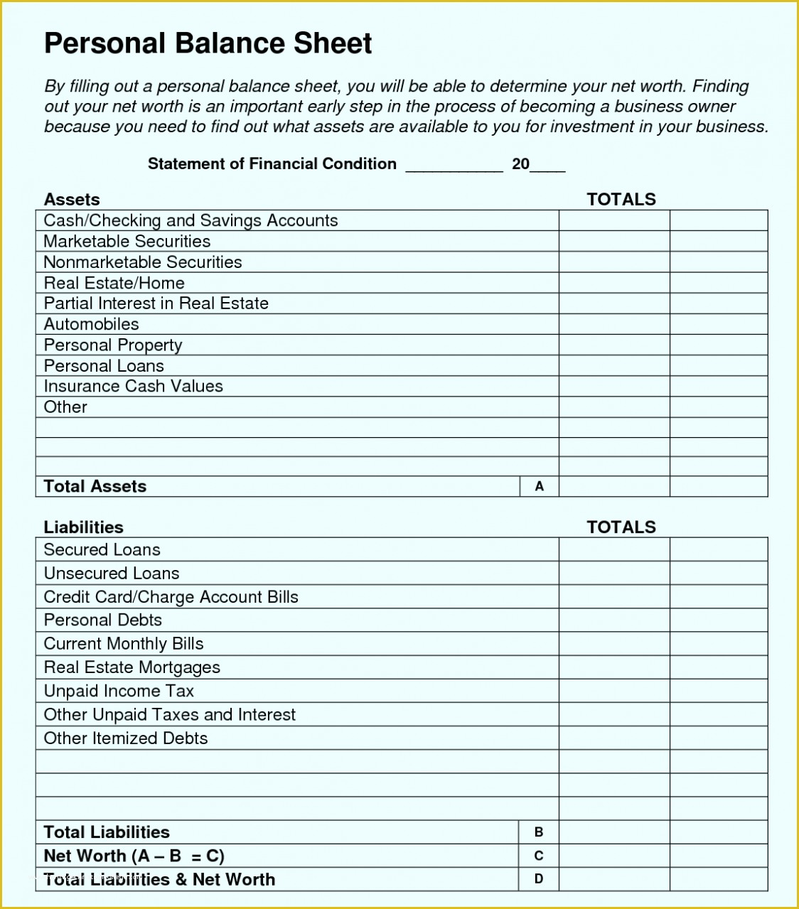 Free Printable Balance Sheet Template Of Personal Small Business 