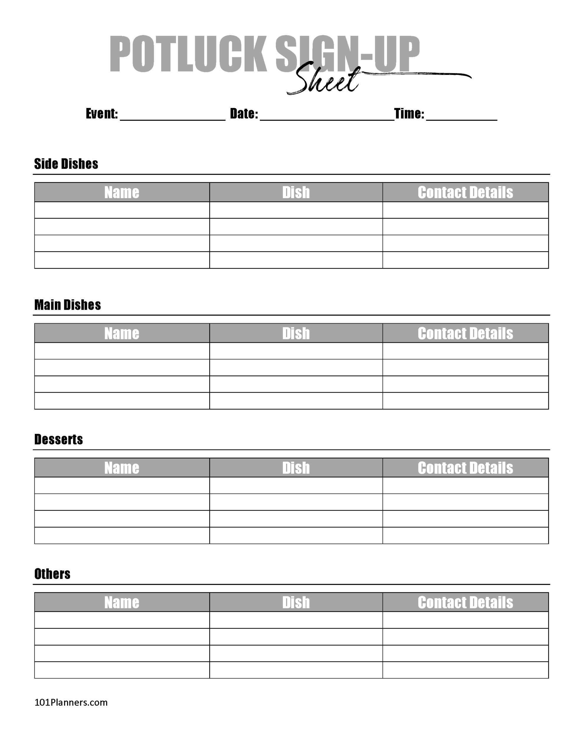 Free Printable Breakfast Potluck Sign Up Sheet Template