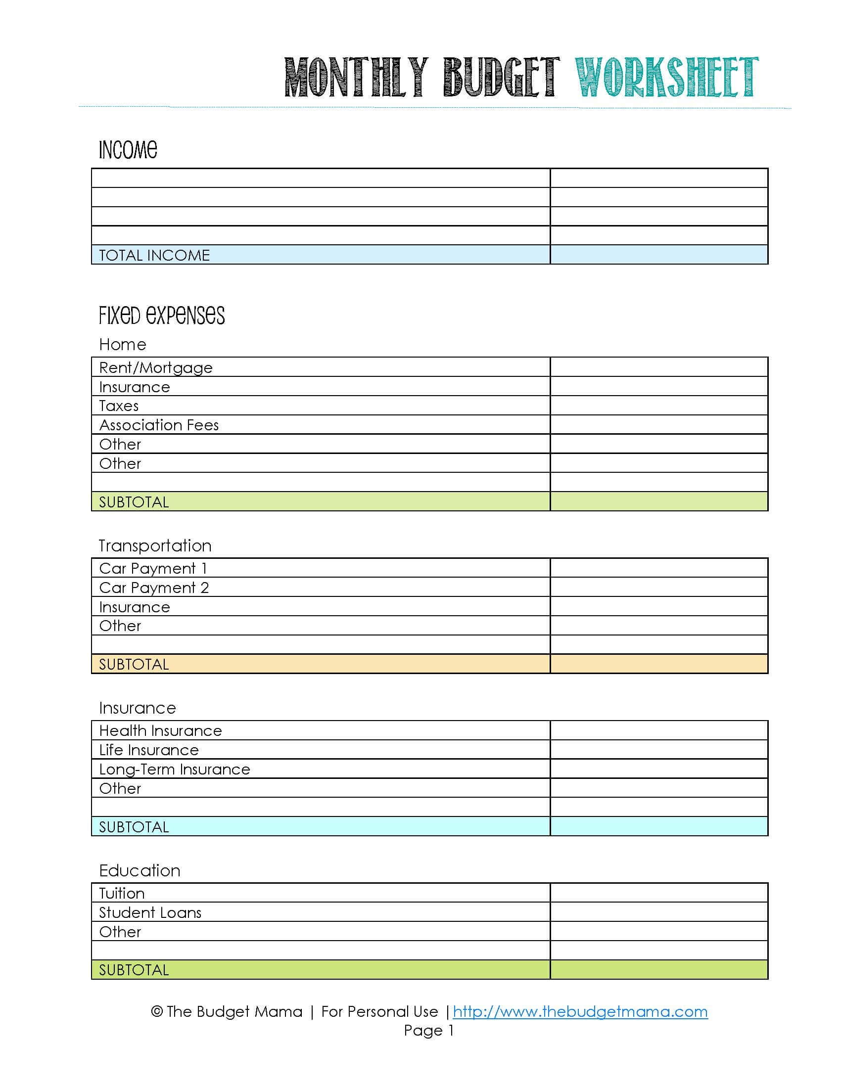 Free Printable Budgeting Worksheets