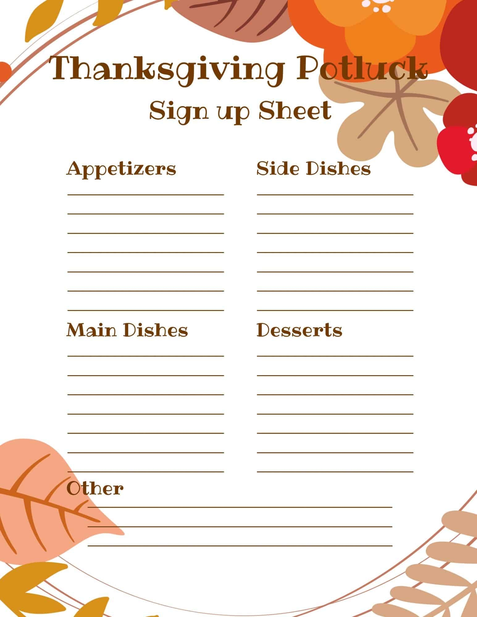 Free Printable Thanksgiving Potluck Sign Up Sheet Template
