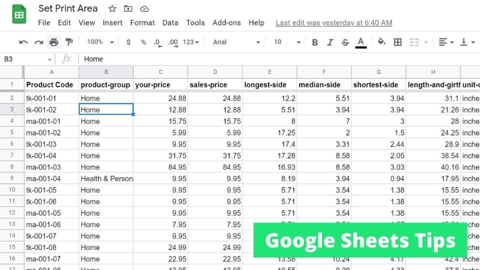 Google Sheets Printable Area