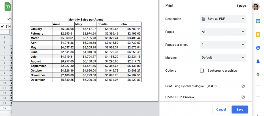 Google Sheets Printable Area