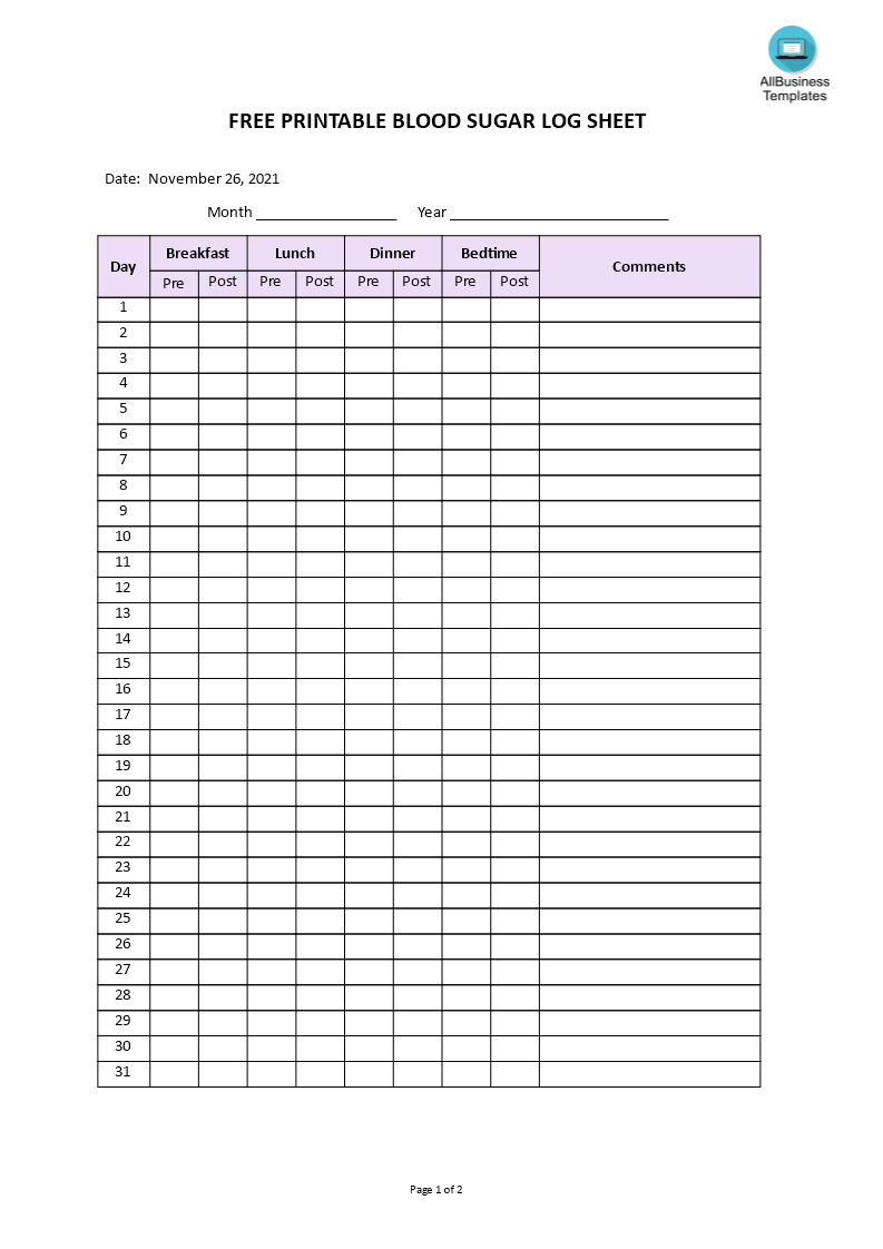 Gratis Free Printable Blood Sugar Log Sheet