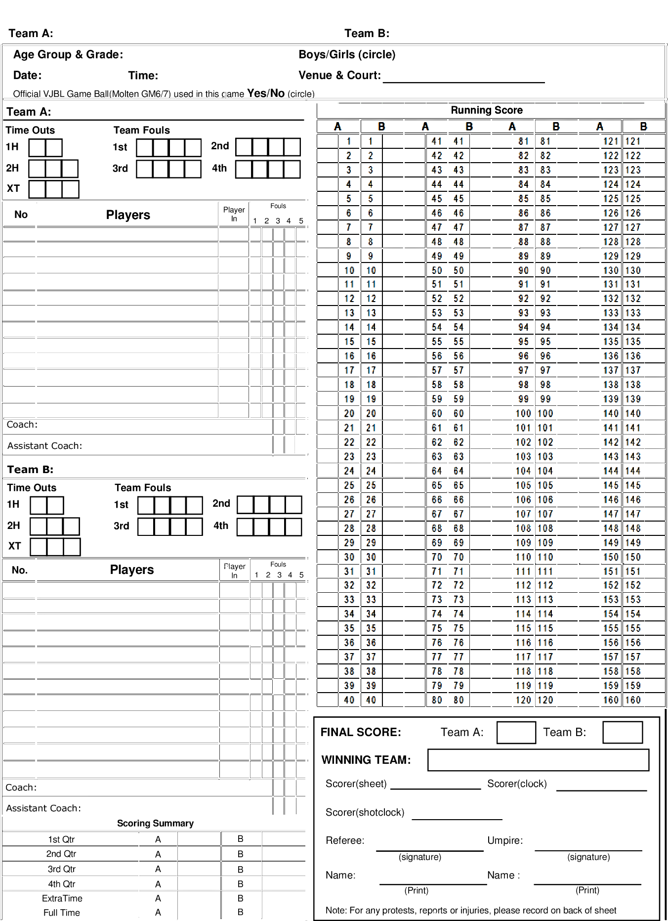 High School Basketball Score Sheet Printable