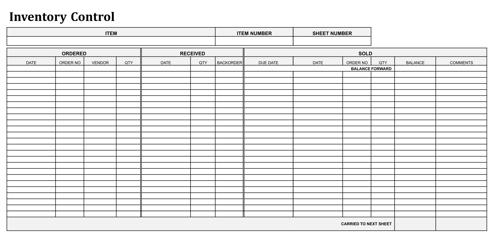 Inventory Tracking Sheet Printable