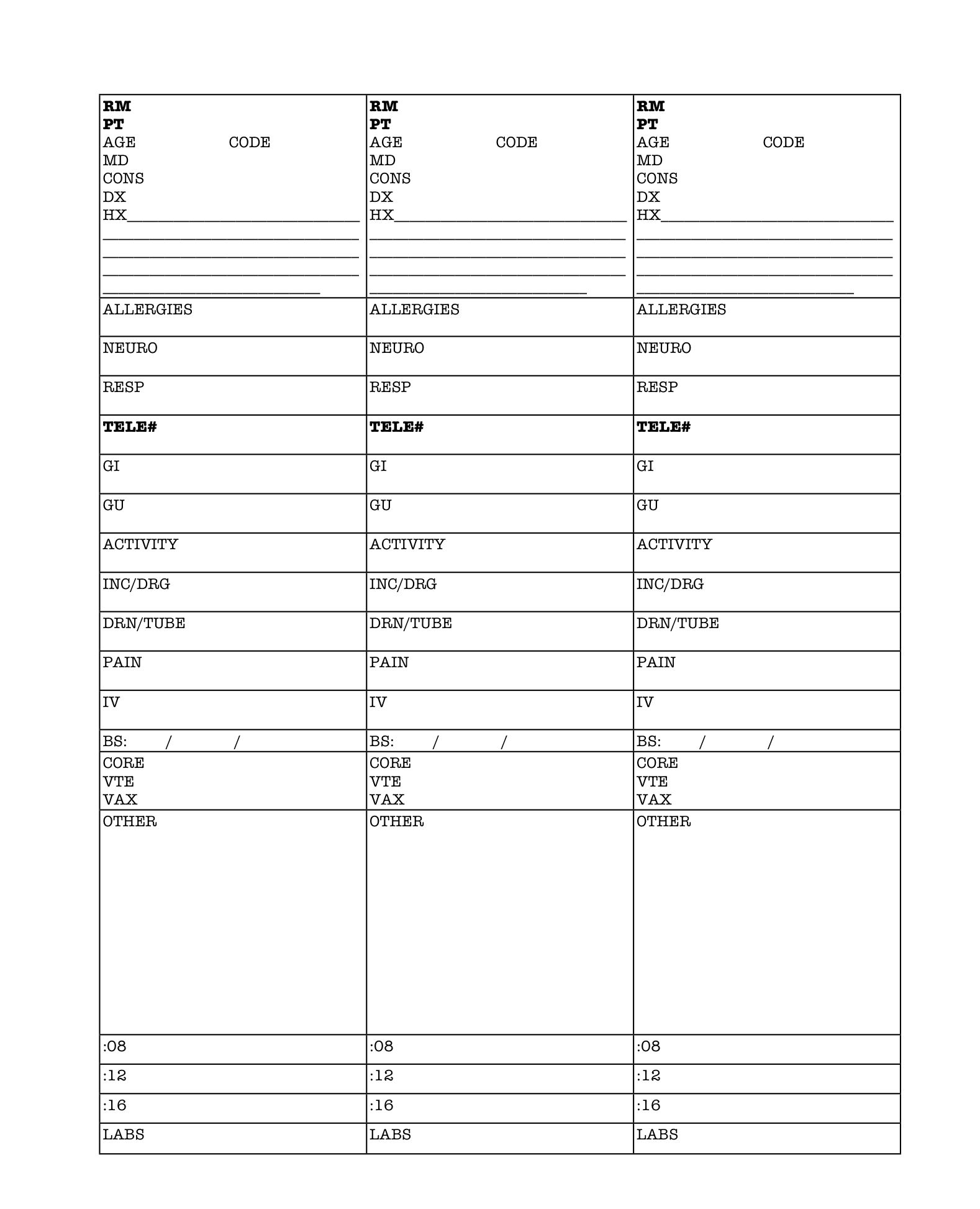 Nursing Daily Report Sheets