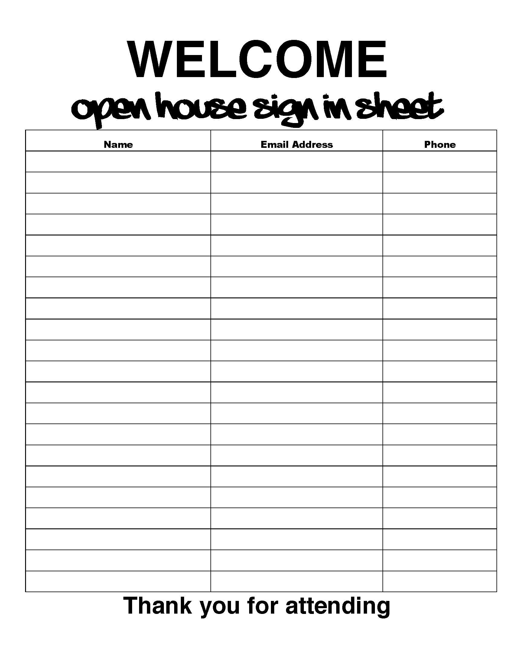 Open House Sign In Sheet Printable House Sign In Sheet Pdf Real Estate 