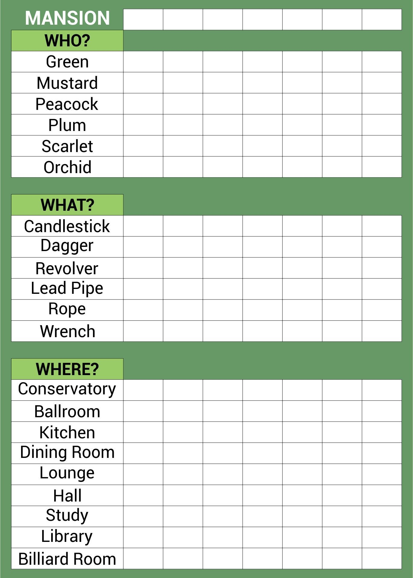 Original Printable Clue Sheets