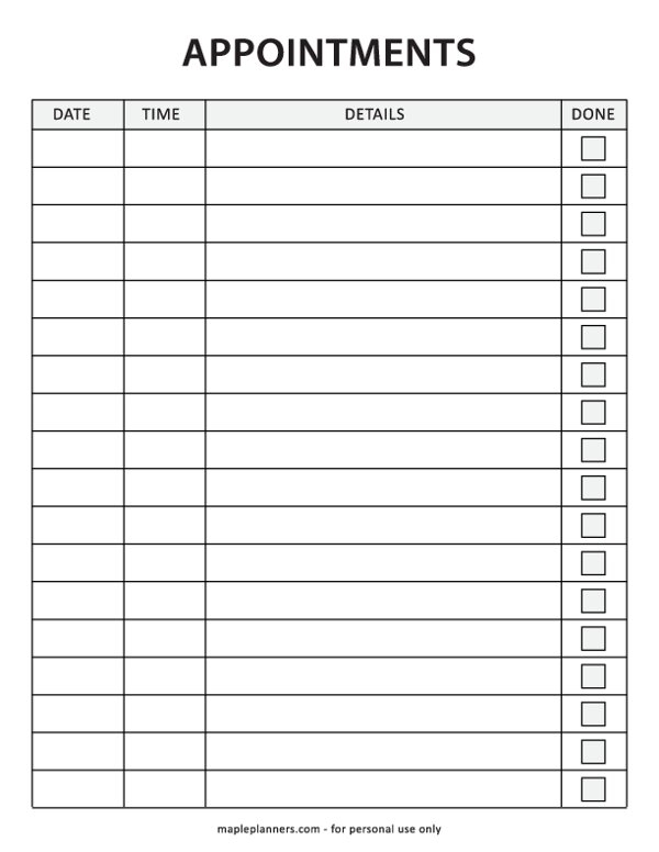 Pdf Free Printable Appointment Sheets Printable Free Templates
