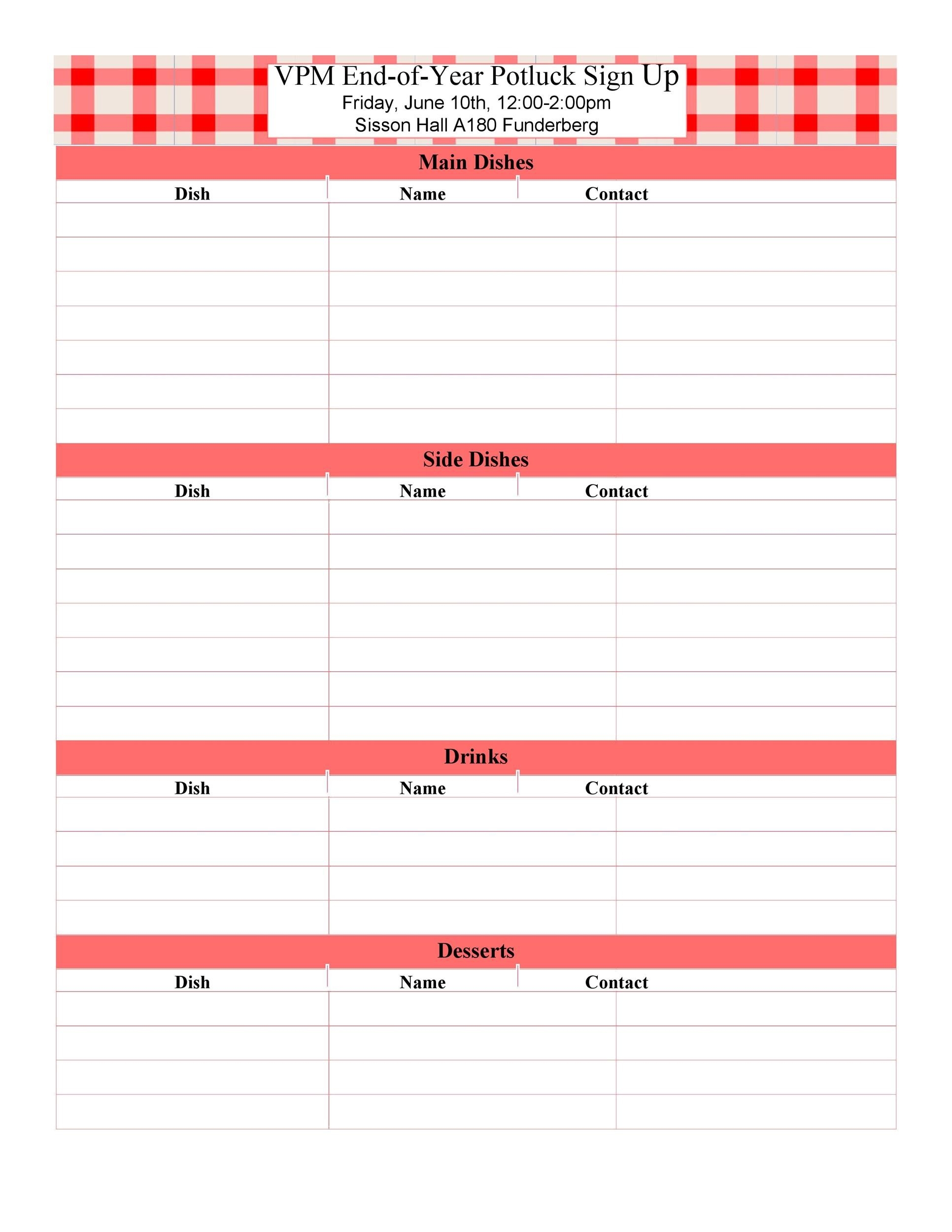 Potluck Sign Up Sheet Printable