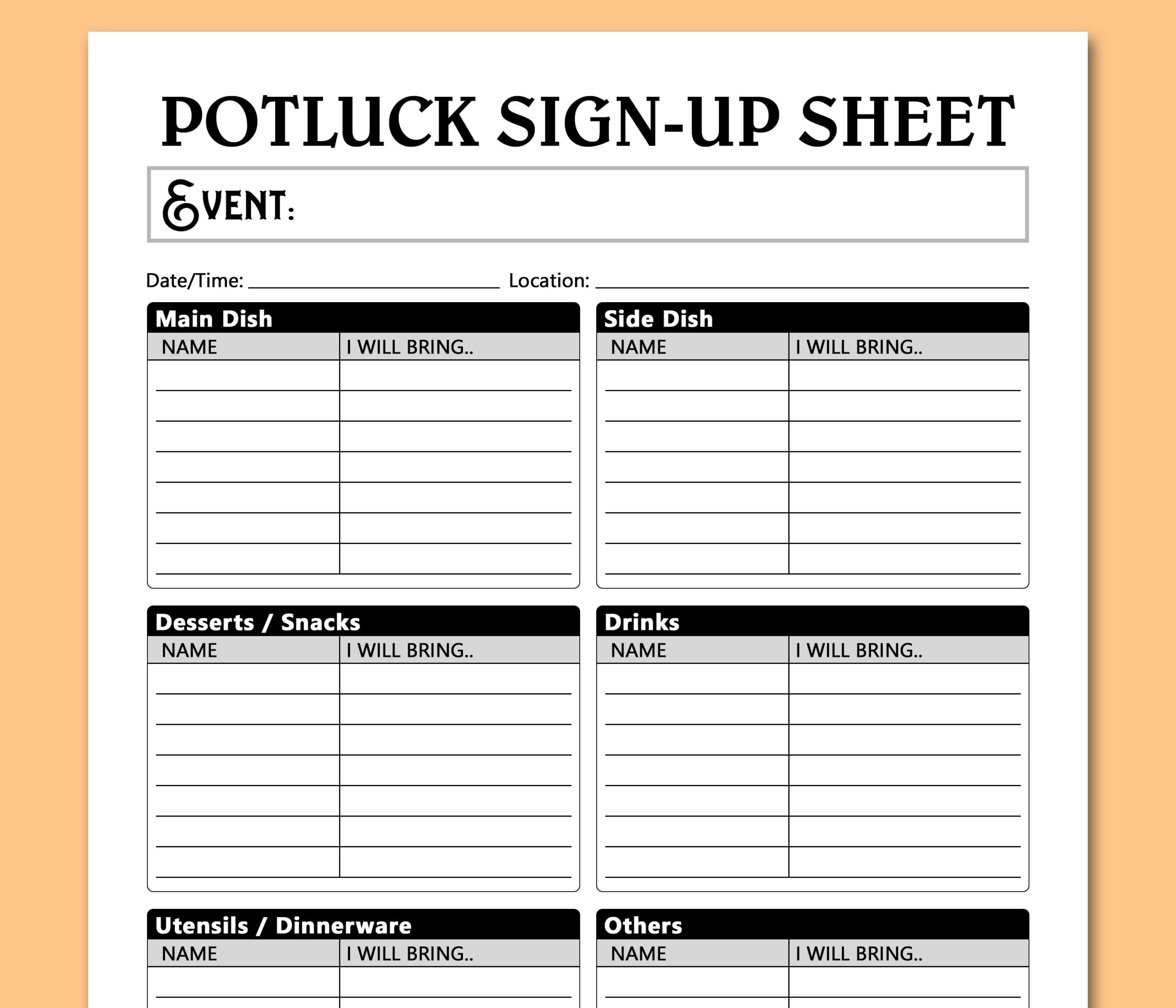 Potluck Sign Up Sheet Template