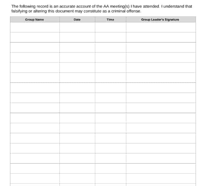 Printable AA Attendance Sheet Free Download And Print For You