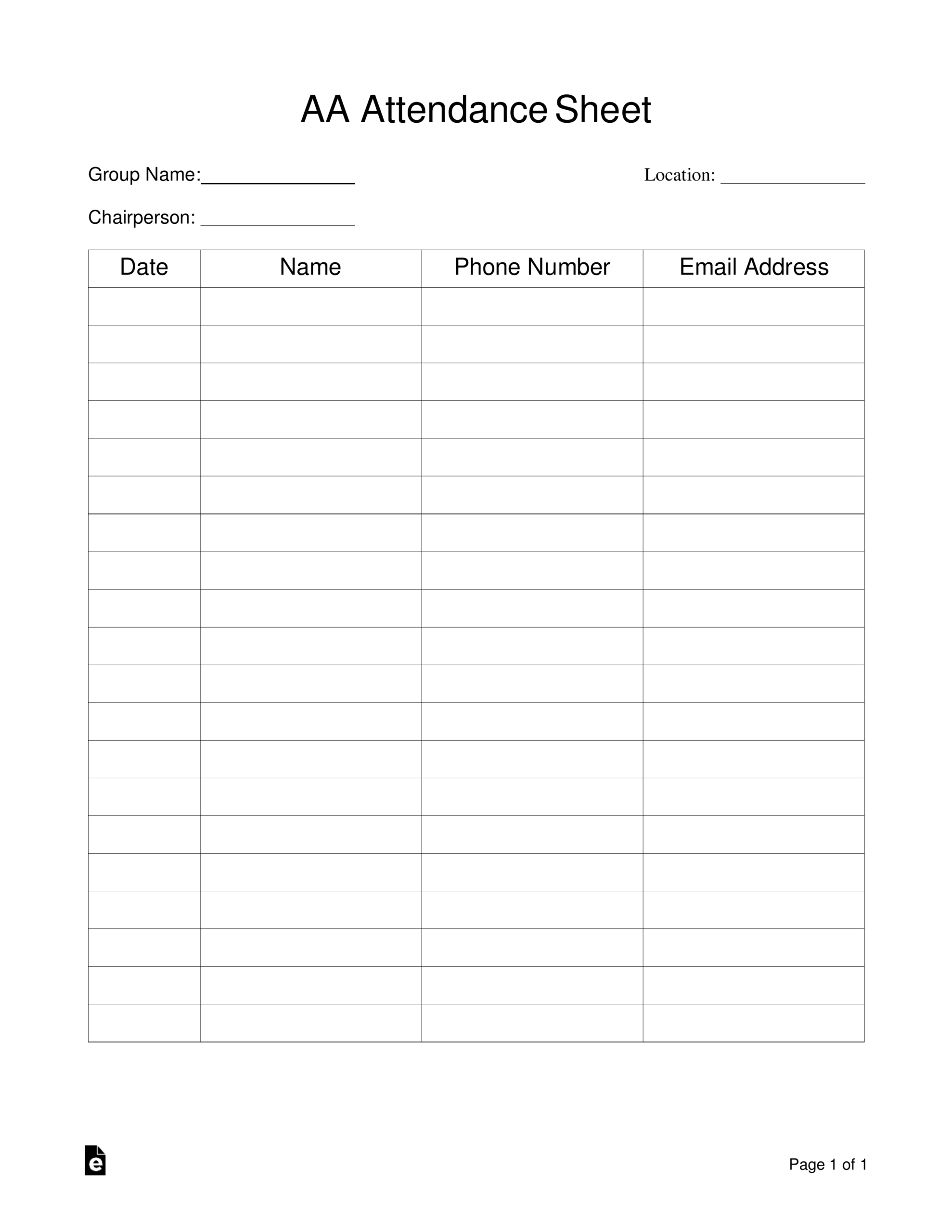 Printable Aa Attendance Sheet