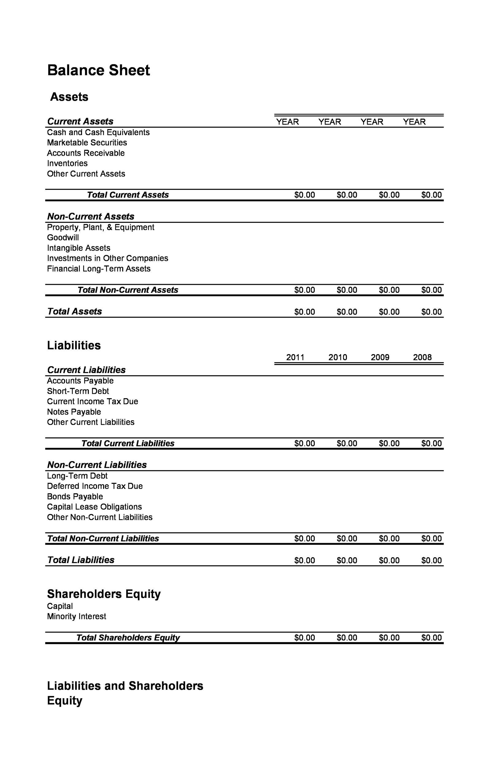 Printable Balance Sheet Template Fillable