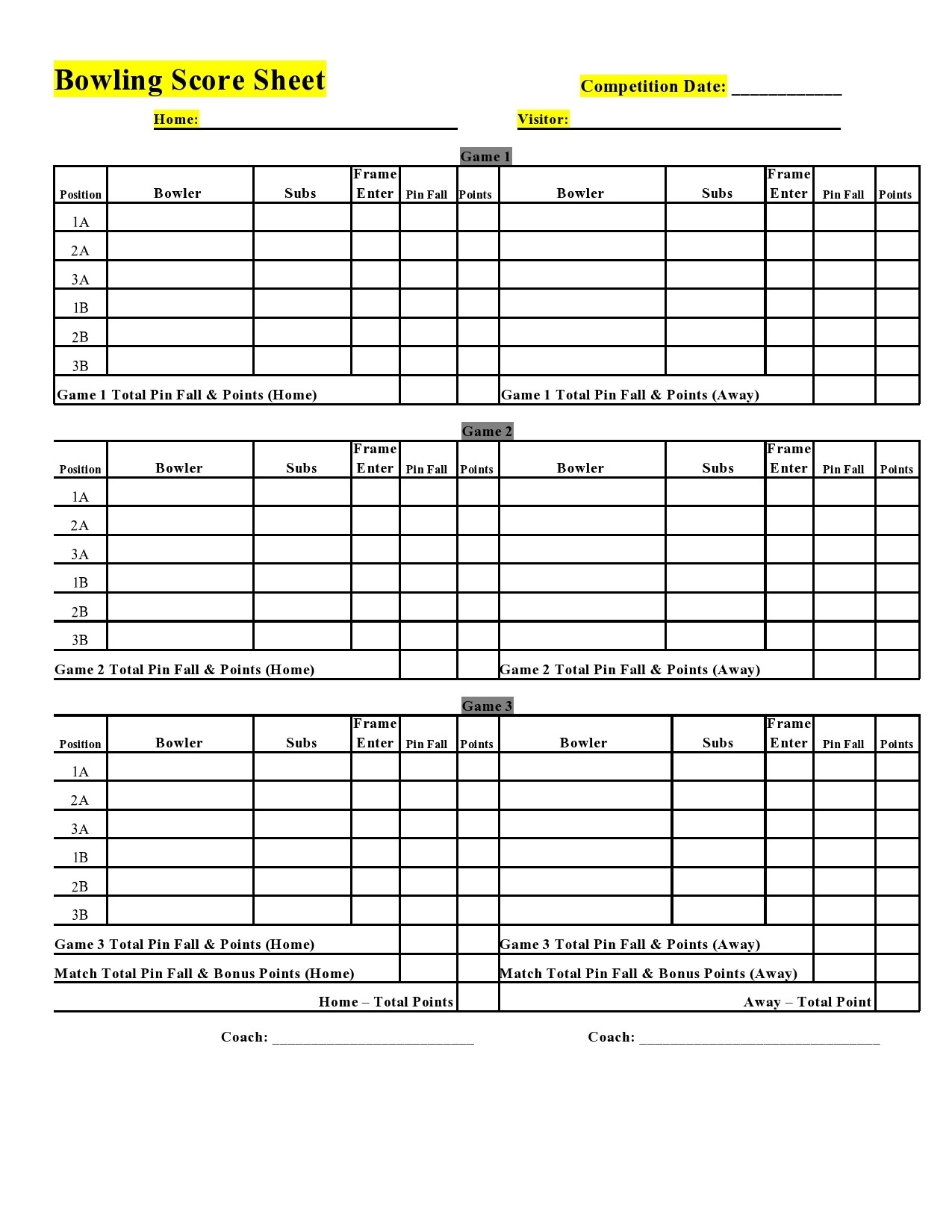 Printable Bowling Score Sheet