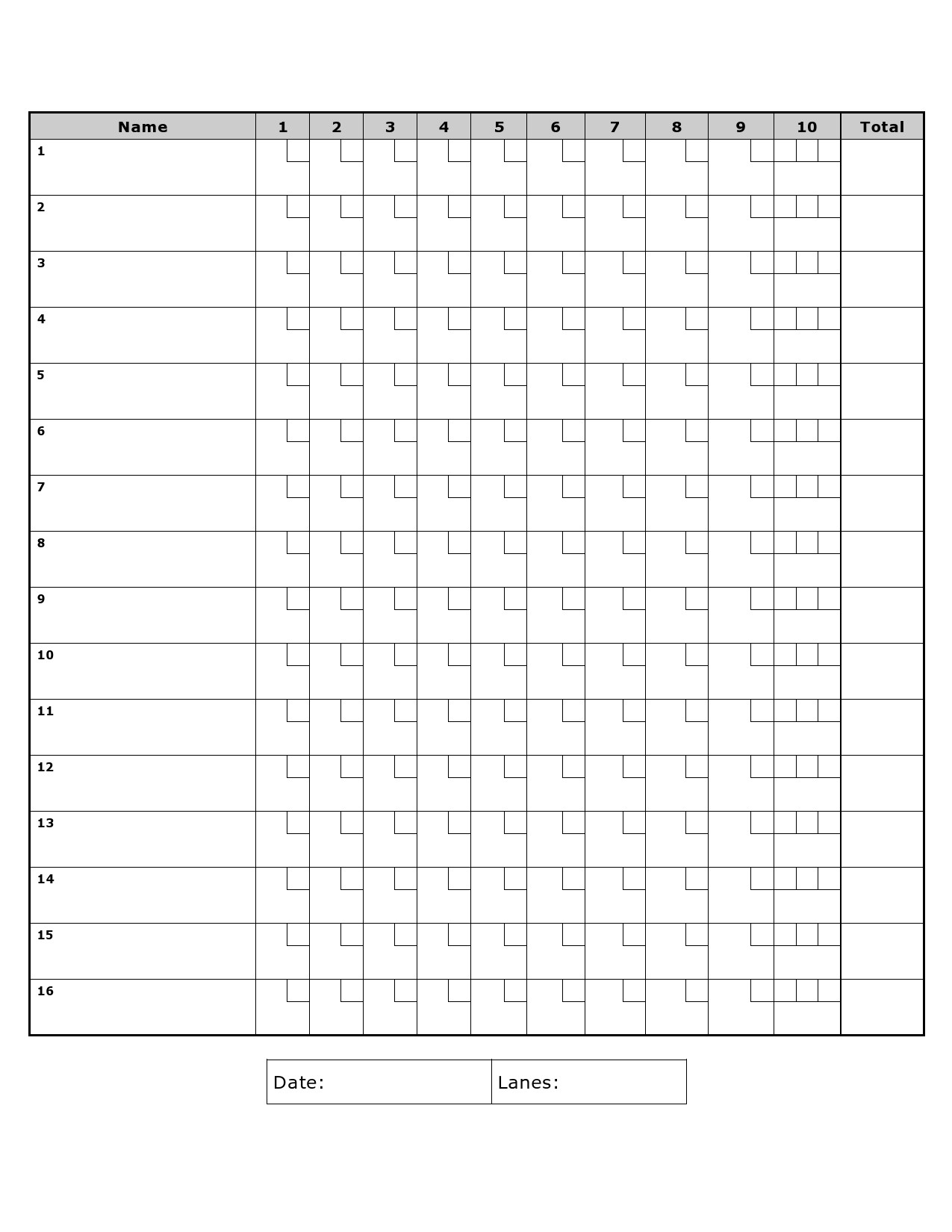 Printable Bowling Score Sheet