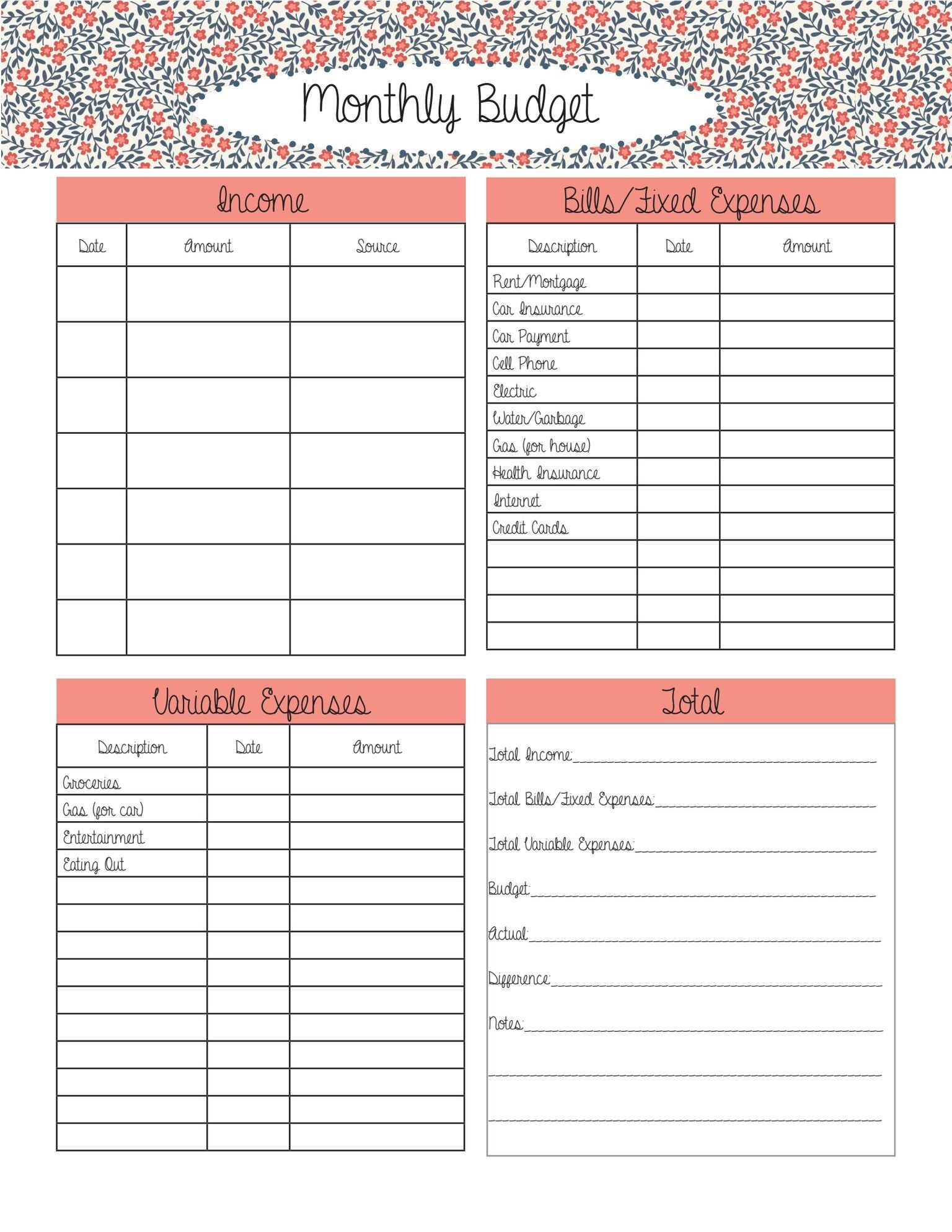 Printable Budget Sheets Monthly