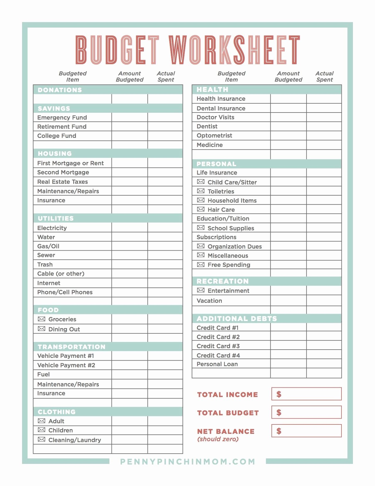 Printable Budgeting Sheets