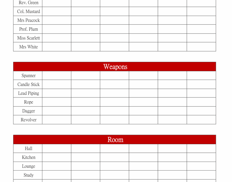Printable Cluedo Score Sheets PDF