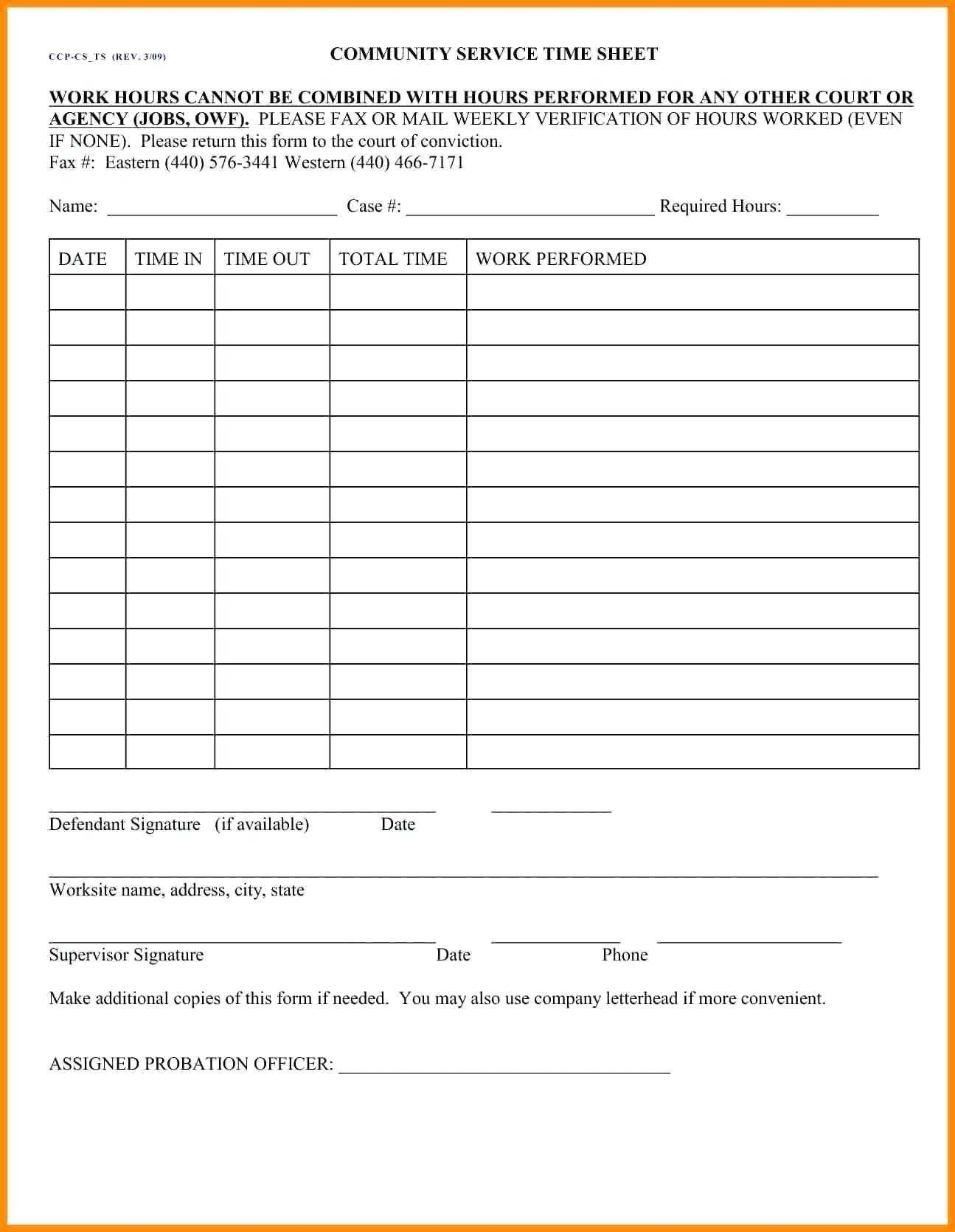 Printable Court Ordered Community Service Hours Log Sheet Printable 