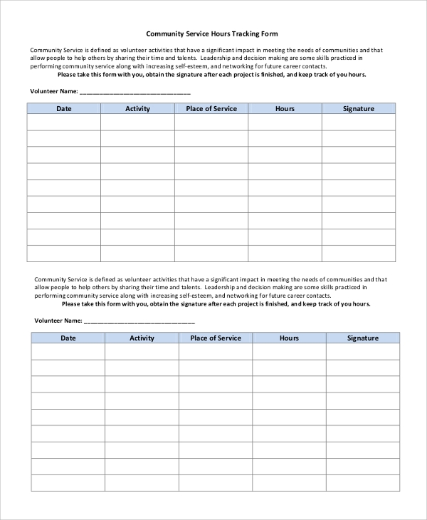 Printable Court Ordered Community Service Hours Log Sheet